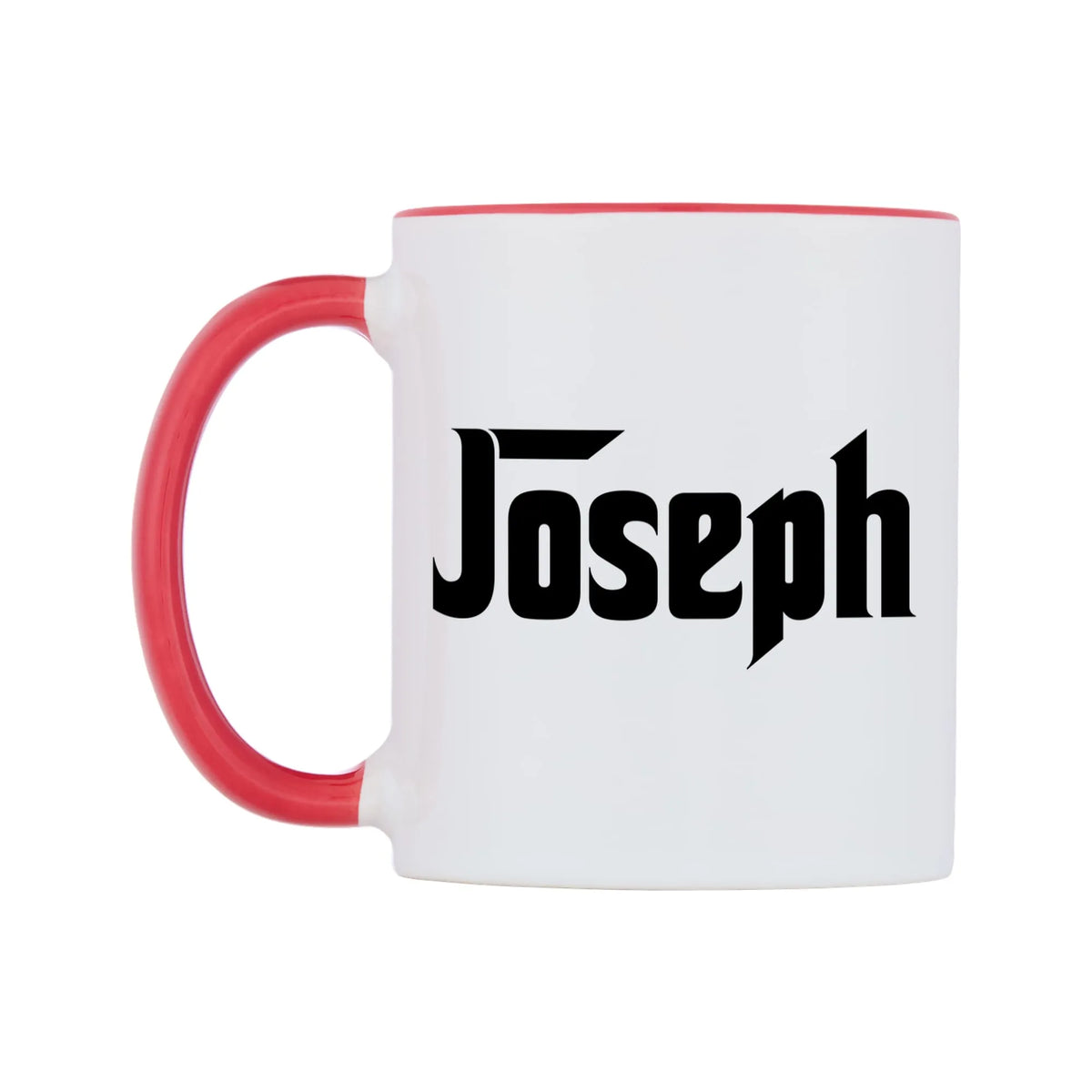 Joseph - Godfather Themed Mug — white 11oz gloss mug with a red inside and handle, right side, on a white background