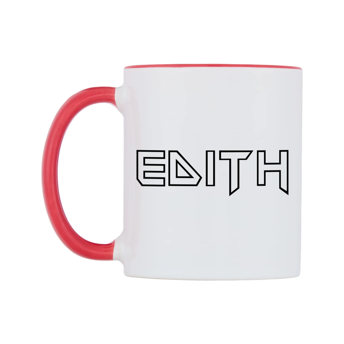 Edith - Iron Maiden Themed Mug — white 11oz gloss mug with a red inside and handle, right side, on a white background