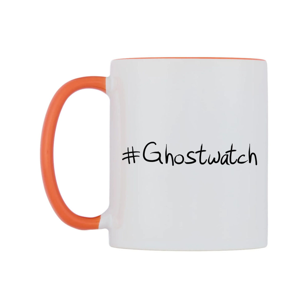 Ghostwatch Mug — white 11oz gloss mug with a orange inside and handle, right side, on a white background