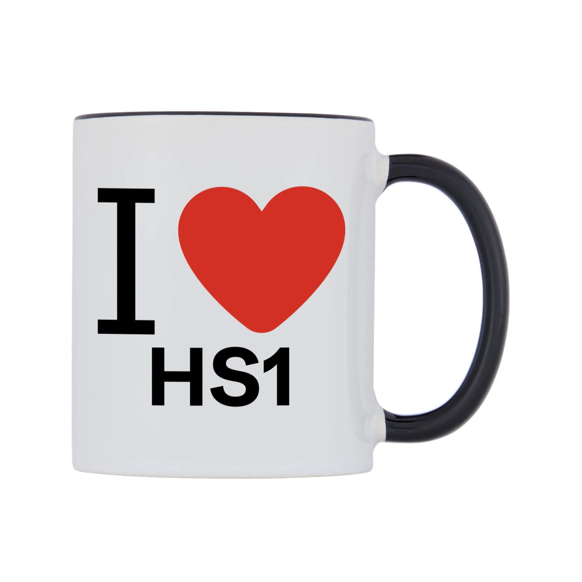 I Love HS1 Mug — white 11oz gloss mug with a black inside and handle, left side, on a white background
