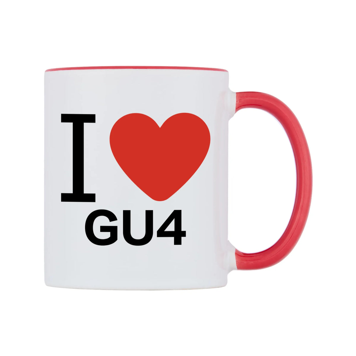 I Love GU4 Mug — white 11oz gloss mug with a red inside and handle, left side, on a white background