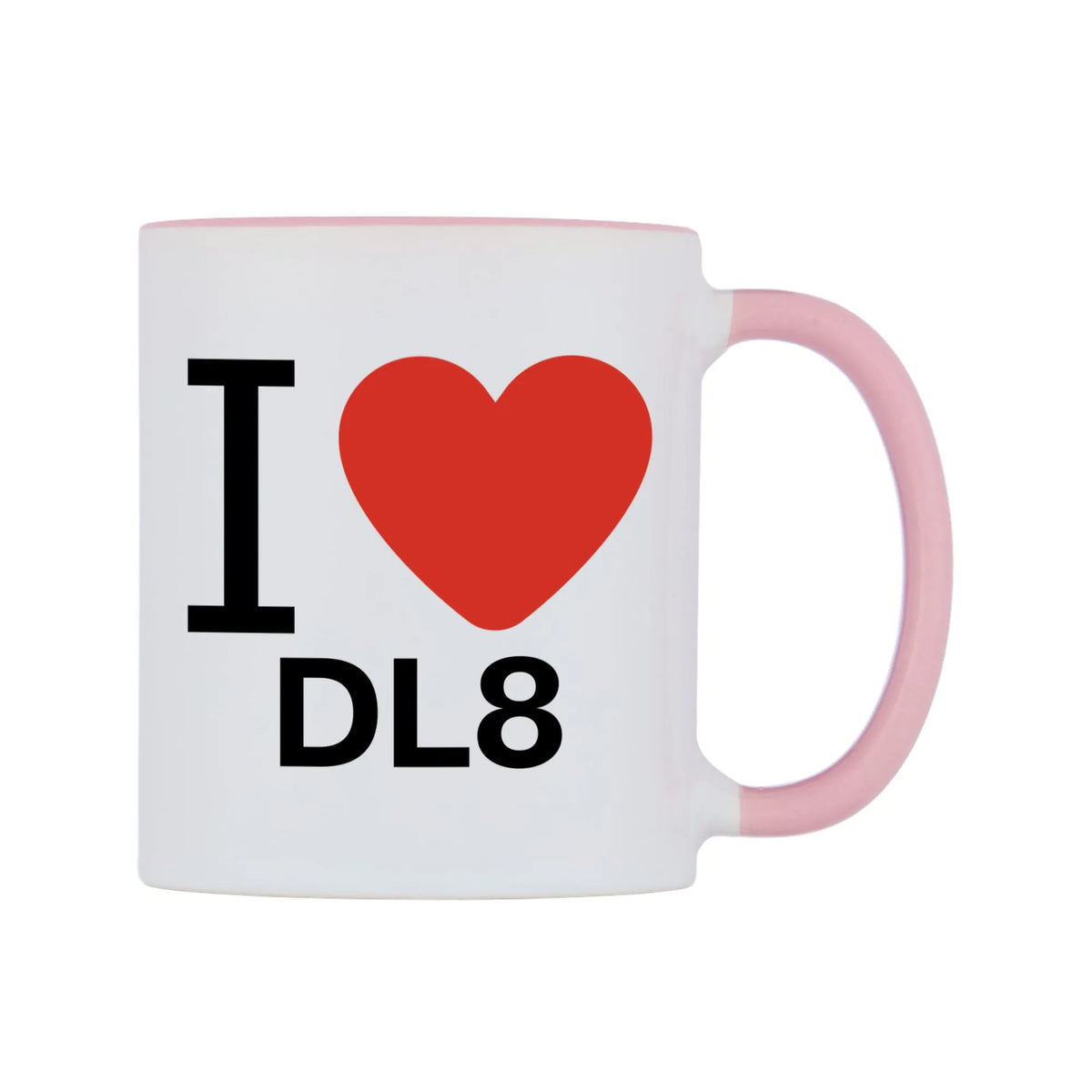 I Love DL8 Mug — white 11oz gloss mug with a pink inside and handle, left side, on a white background
