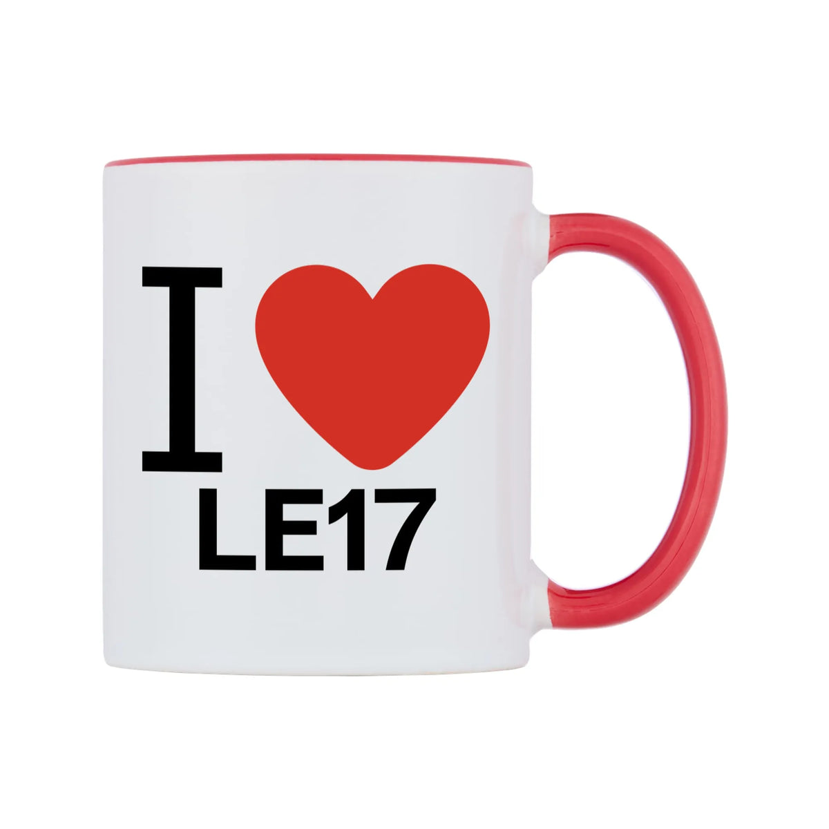 I Love LE17 Mug — white 11oz gloss mug with a red inside and handle, left side, on a white background