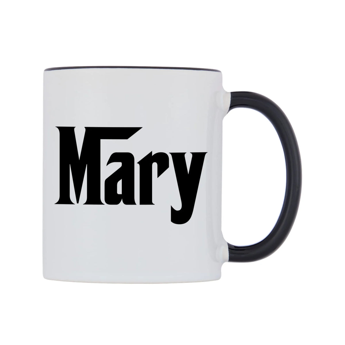 Mary - Godfather Themed Mug — white 11oz gloss mug with a black inside and handle, left side, on a white background
