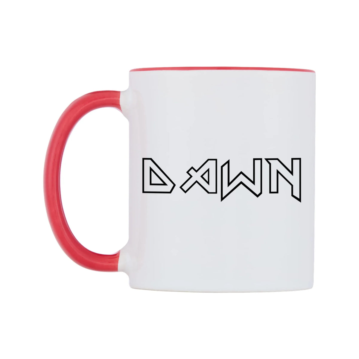 Dawn - Iron Maiden Themed Mug — white 11oz gloss mug with a red inside and handle, right side, on a white background
