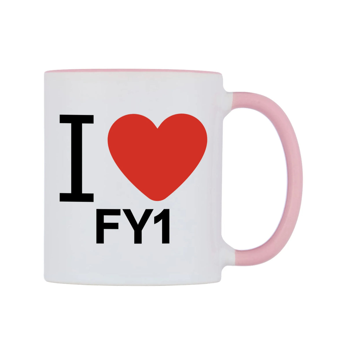 I Love FY1 Mug — white 11oz gloss mug with a pink inside and handle, left side, on a white background