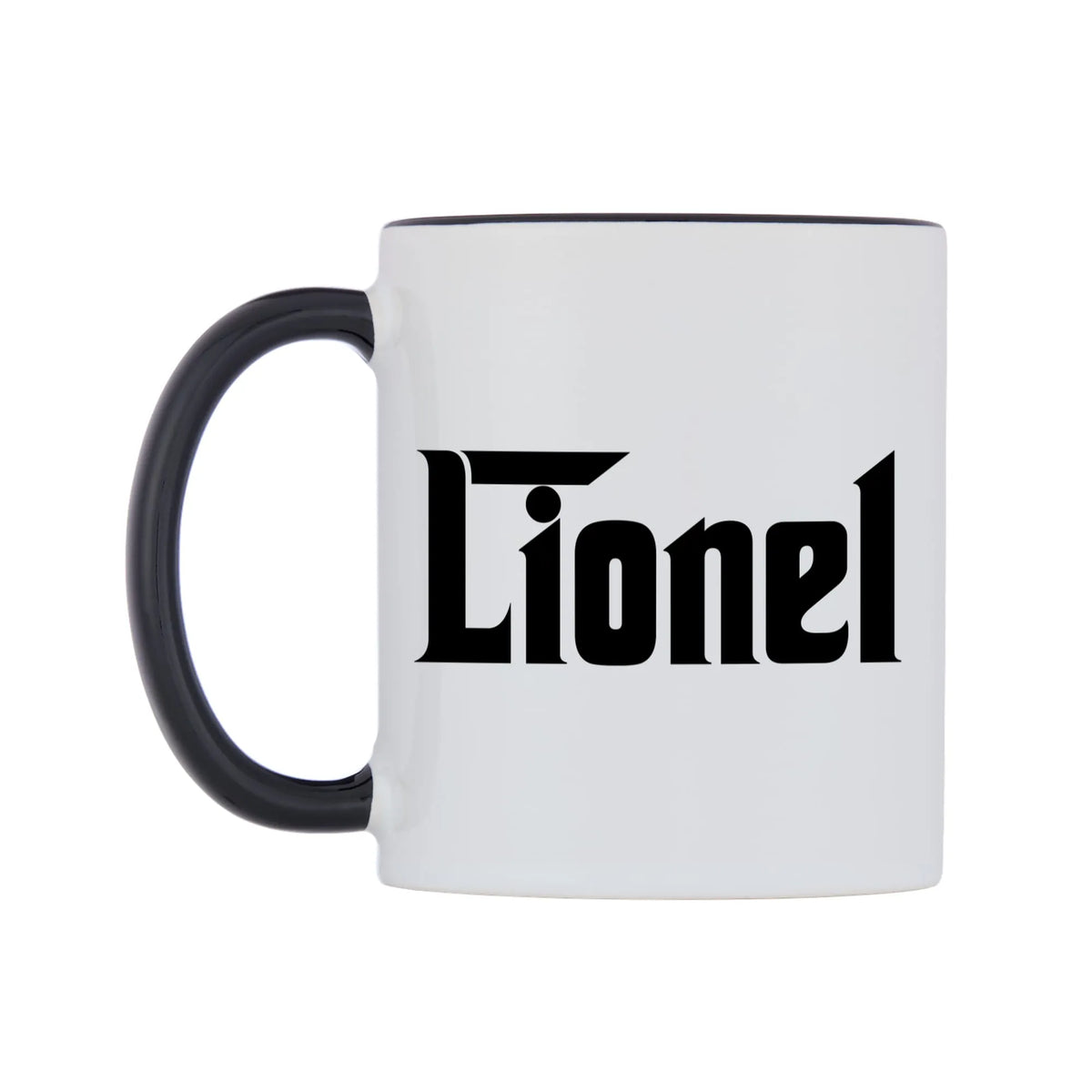 Lionel - Godfather Themed Mug — white 11oz gloss mug with a black inside and handle, right side, on a white background