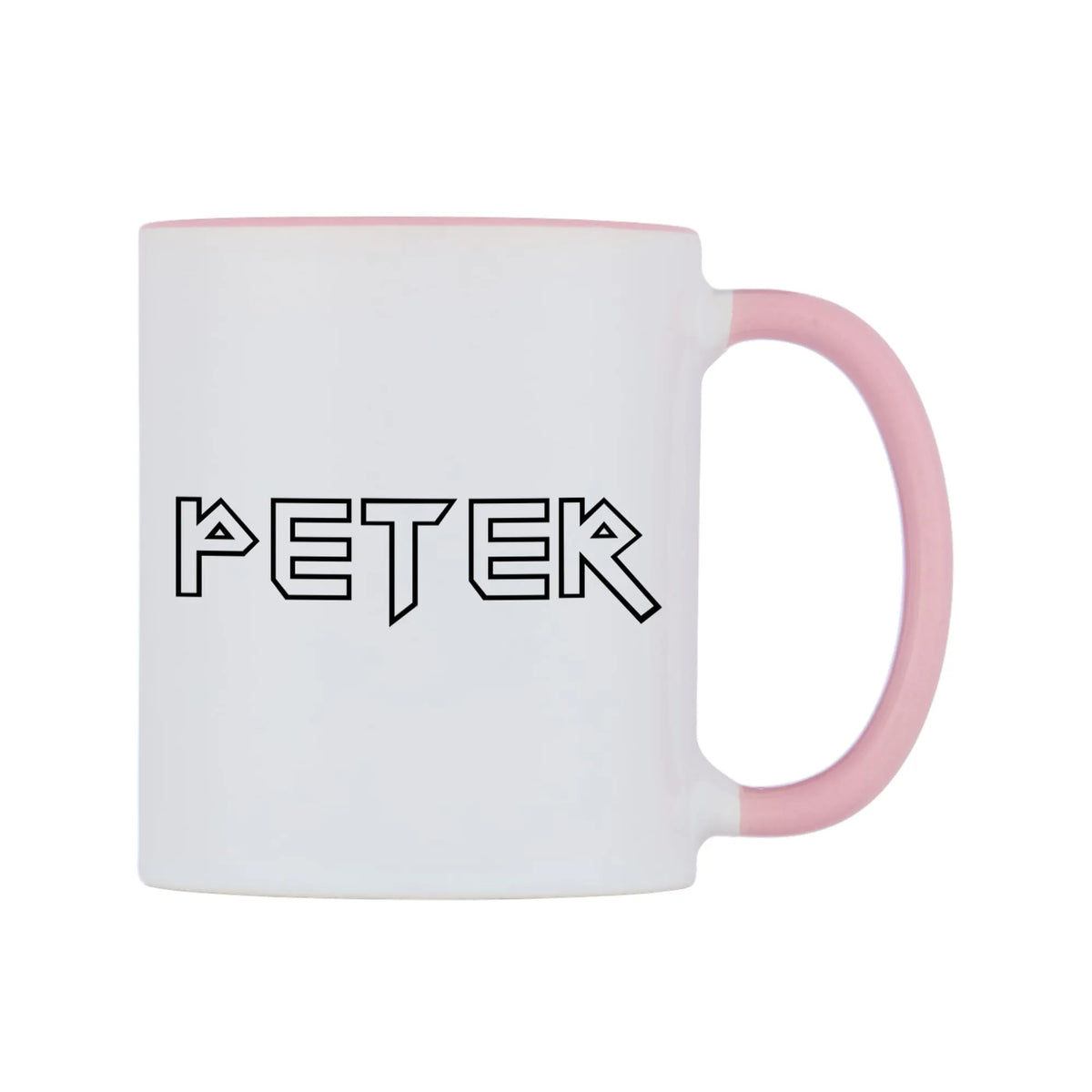 Peter - Iron Maiden Themed Mug — white 11oz gloss mug with a pink inside and handle, left side, on a white background