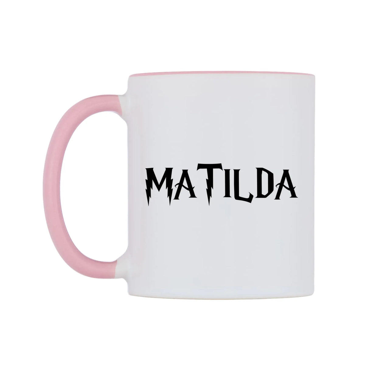 Matilda - Wizard Themed Mug — white 11oz gloss mug with a pink inside and handle, right side, on a white background