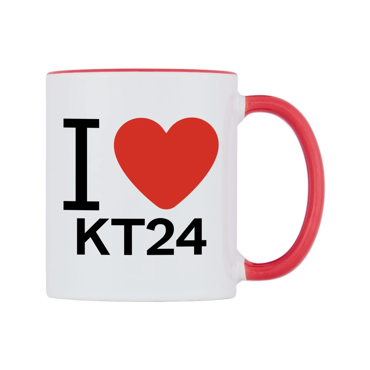 I Love KT24 Mug — white 11oz gloss mug with a red inside and handle, left side, on a white background