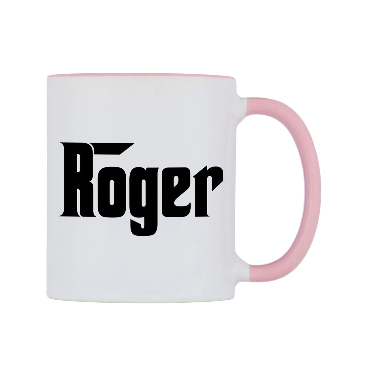 Roger - Godfather Themed Mug — white 11oz gloss mug with a pink inside and handle, left side, on a white background