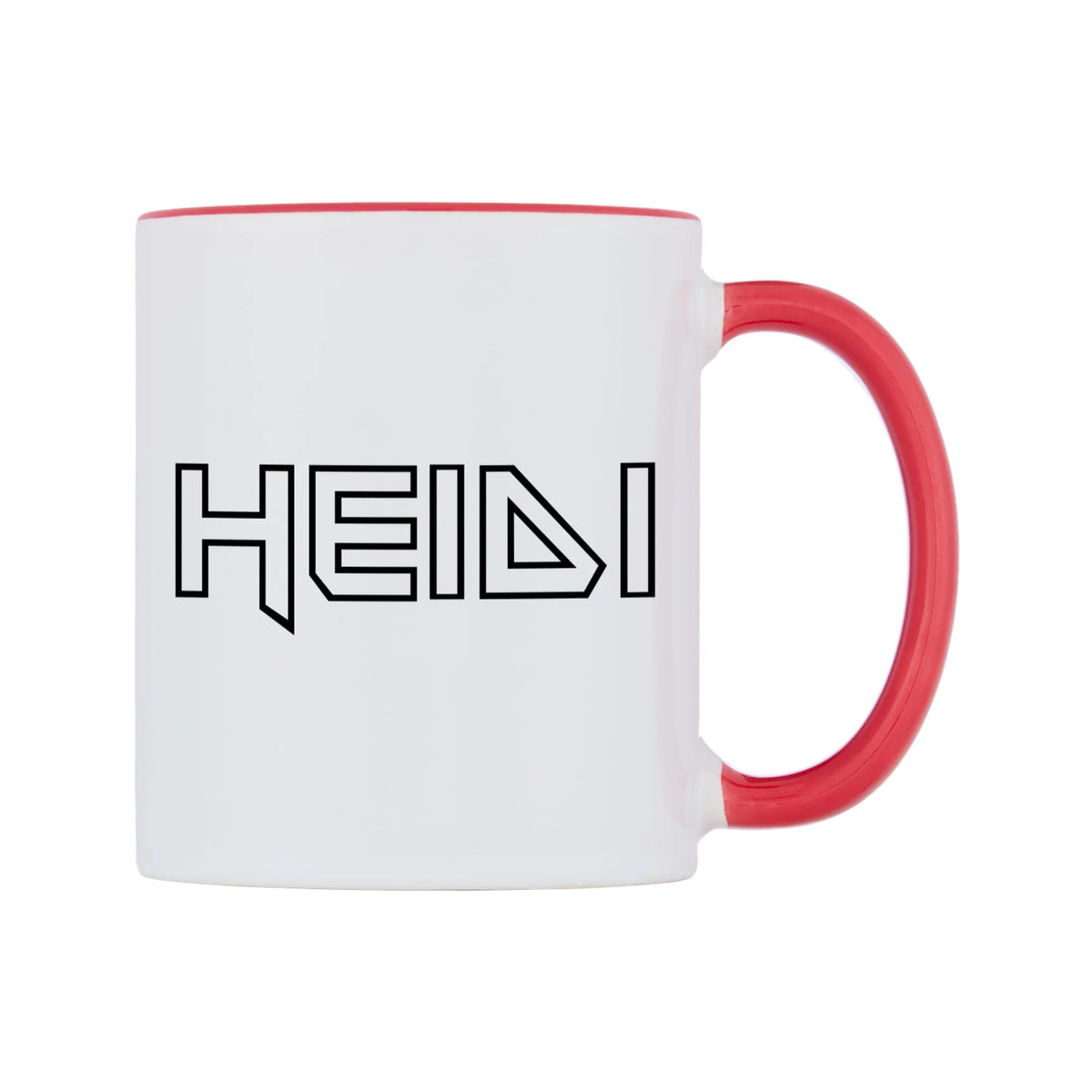 Heidi - Iron Maiden Themed Mug — white 11oz gloss mug with a red inside and handle, left side, on a white background