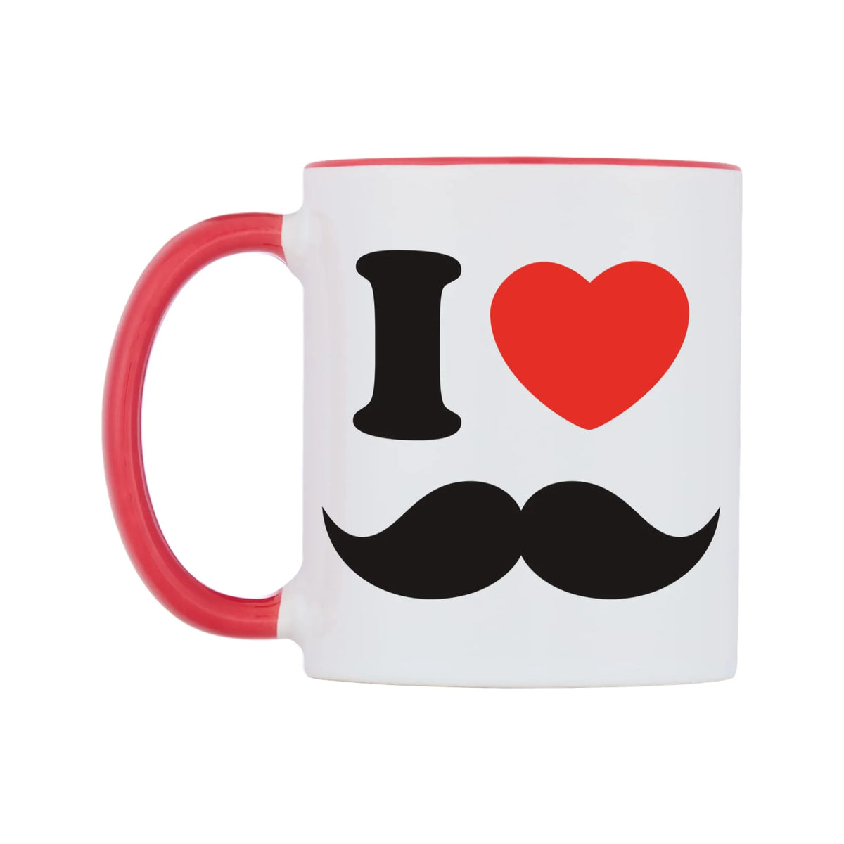 I Love Moustaches Mug — white 11oz gloss mug with a red inside and handle, right side, on a white background