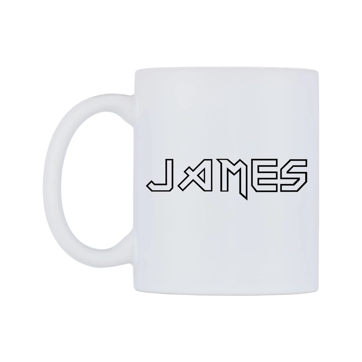 James - Iron Maiden Themed Mug — white 11oz gloss mug, right side, on a white background
