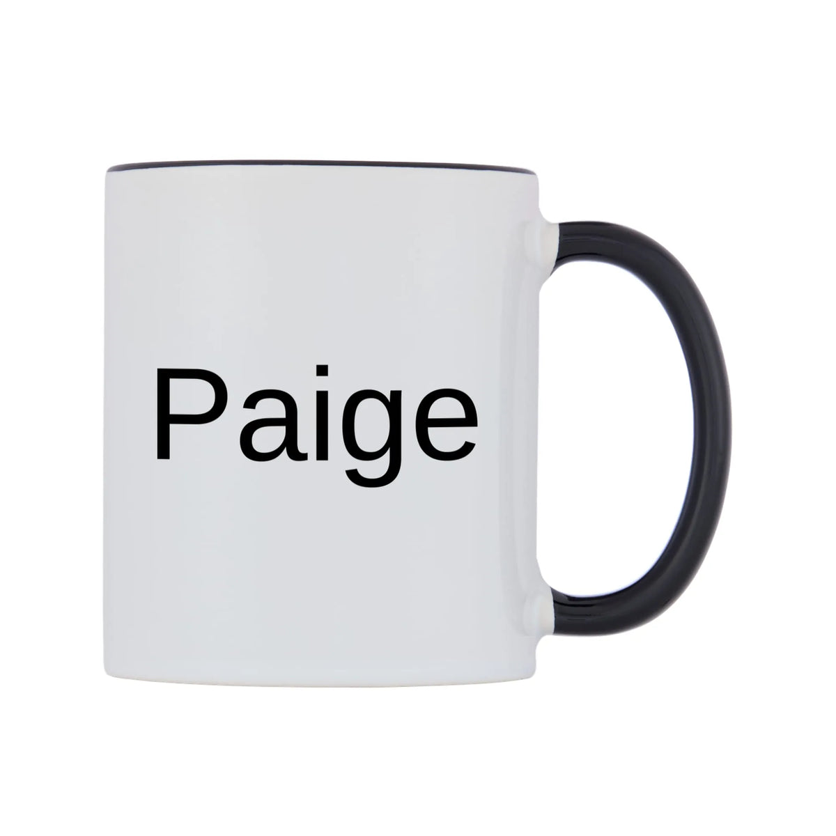 Paige Mug — white 11oz gloss mug with a black inside and handle, left side, on a white background
