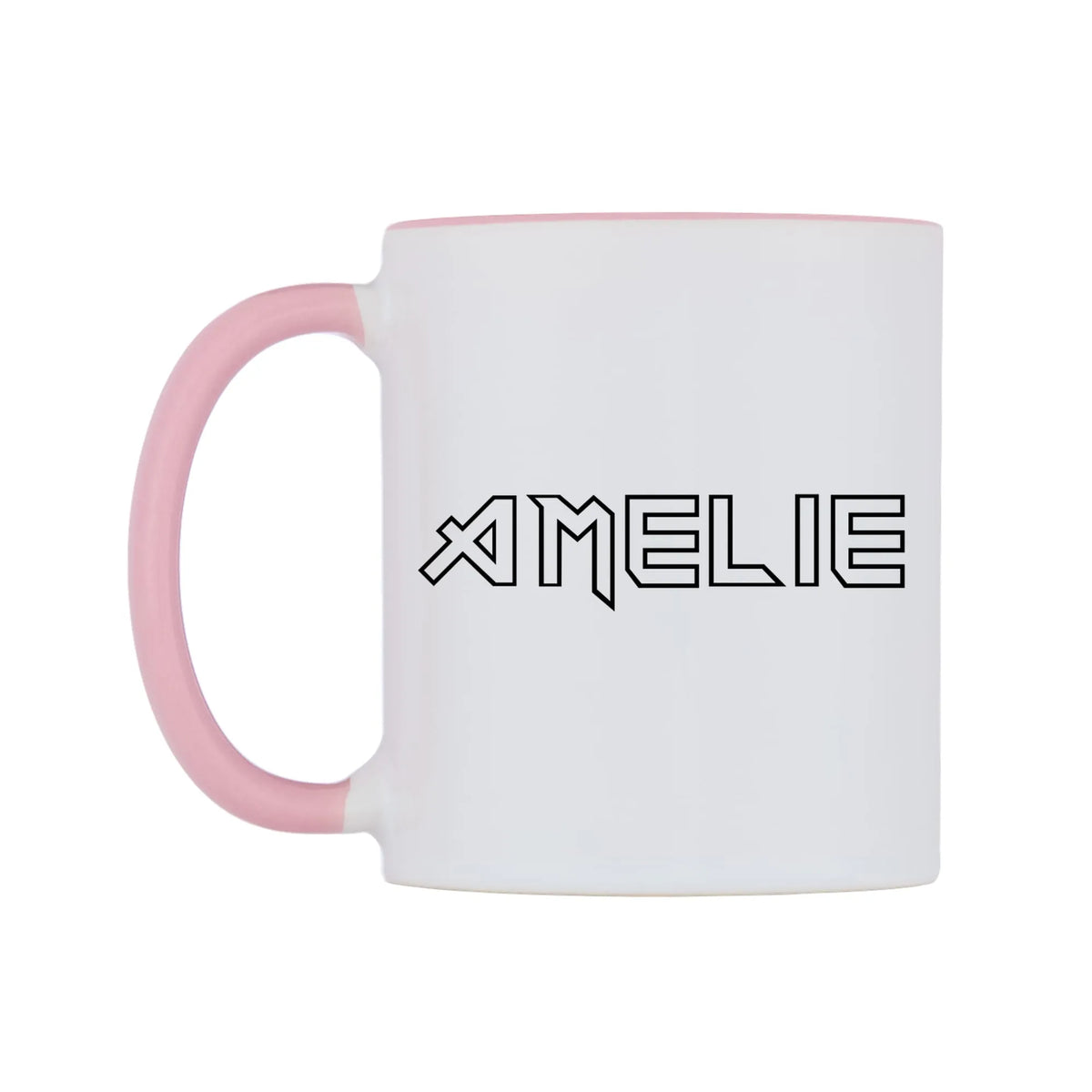 Amelie - Iron Maiden Themed Mug — white 11oz gloss mug with a pink inside and handle, right side, on a white background