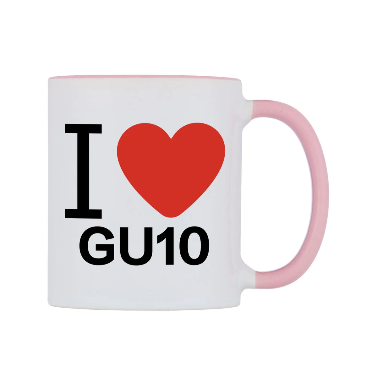 I Love GU10 Mug — white 11oz gloss mug with a pink inside and handle, left side, on a white background