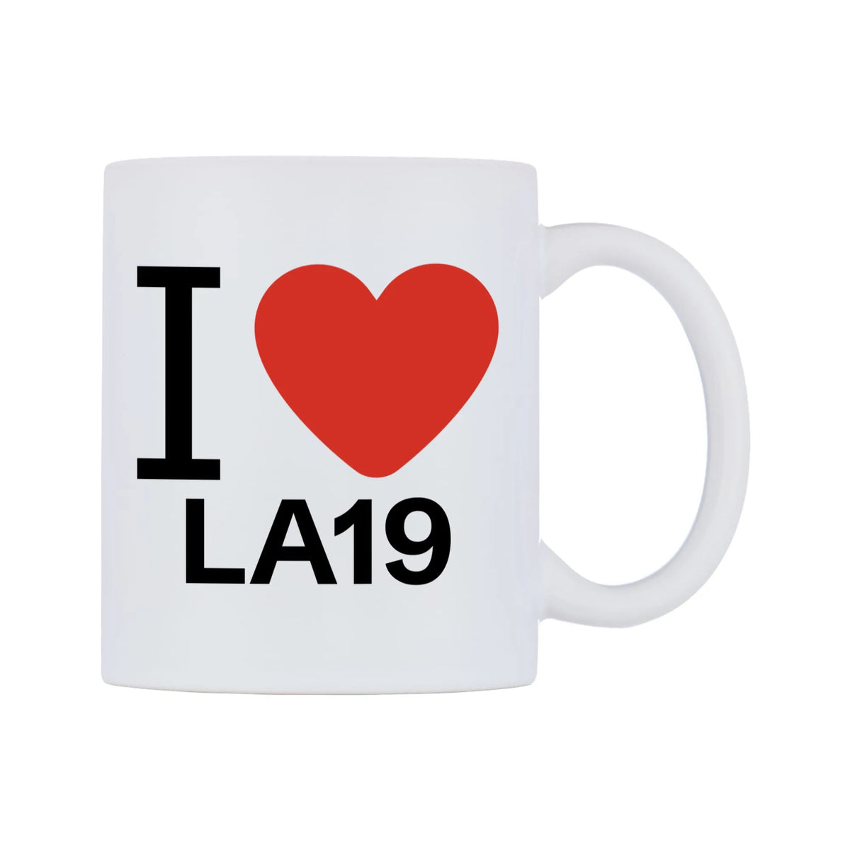 I Love LA19 Mug — white 11oz gloss mug, left side, on a white background