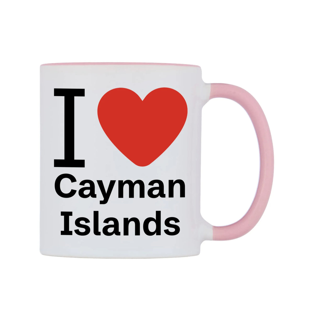 I Love Cayman Islands Mug — white 11oz gloss mug with a pink inside and handle, left side, on a white background