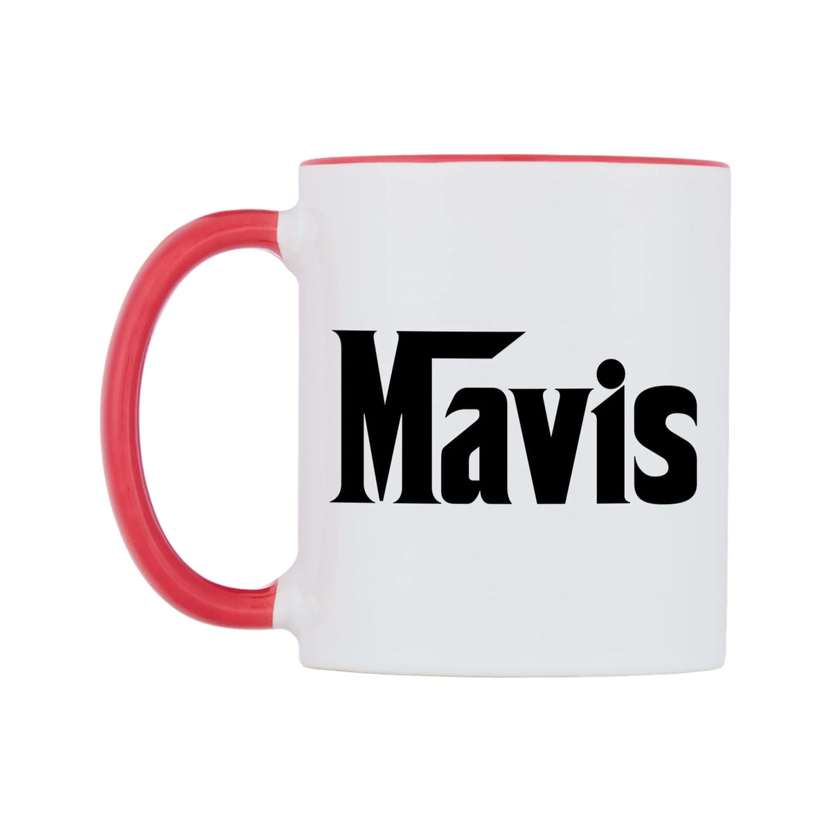 Mavis - Godfather Themed Mug — white 11oz gloss mug with a red inside and handle, right side, on a white background