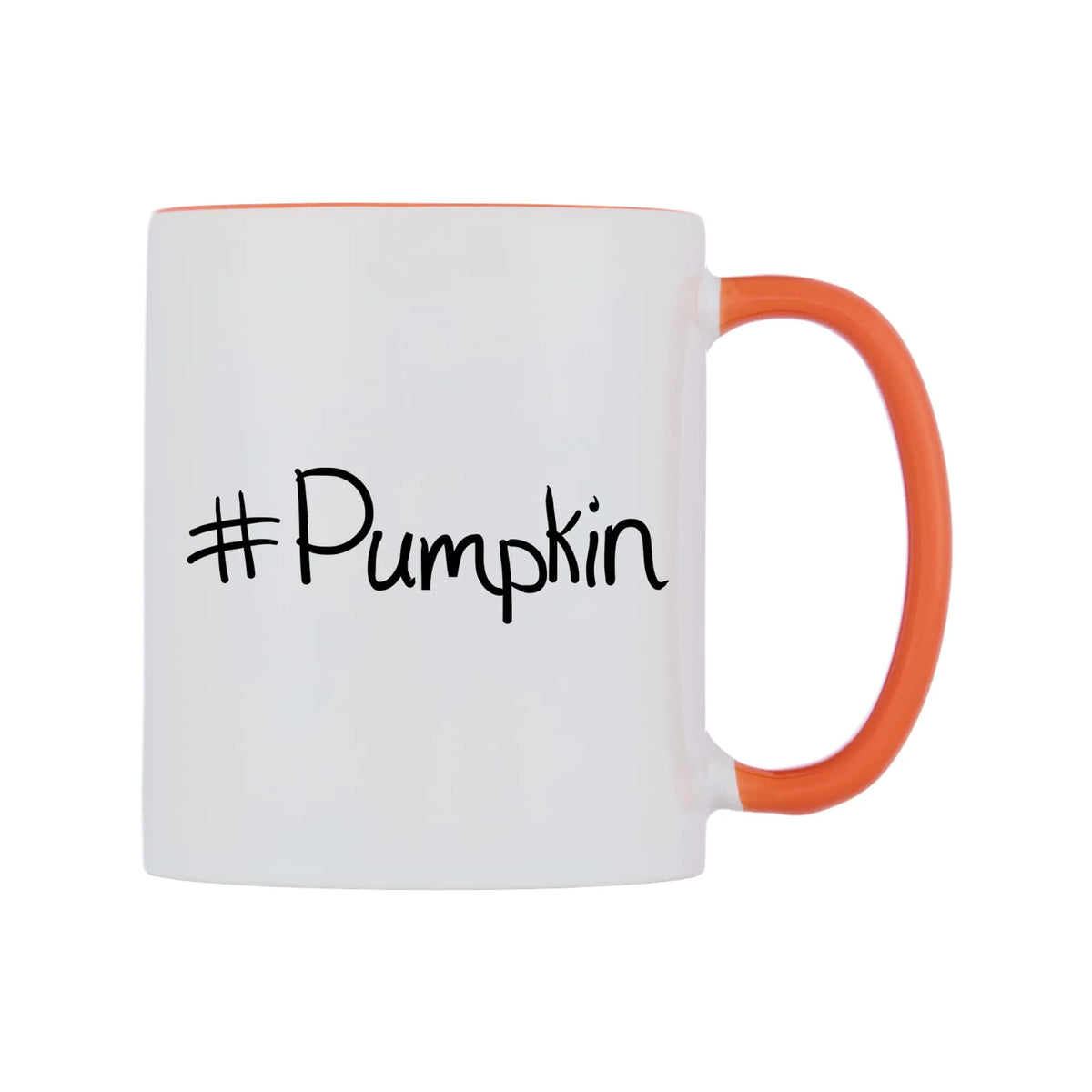 Pumpkin Mug — white 11oz gloss mug with a orange inside and handle, left side, on a white background