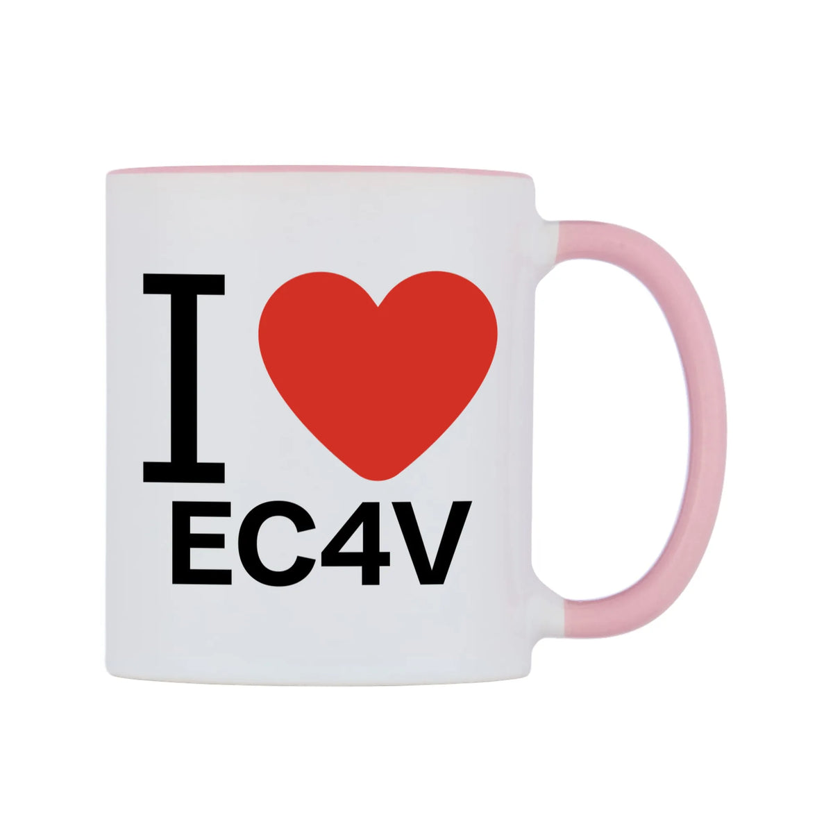 I Love EC4V Mug — white 11oz gloss mug with a pink inside and handle, left side, on a white background