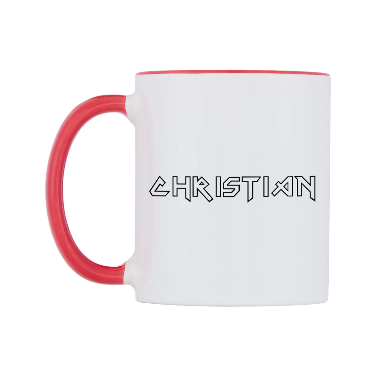 Christian - Iron Maiden Themed Mug — white 11oz gloss mug with a red inside and handle, right side, on a white background
