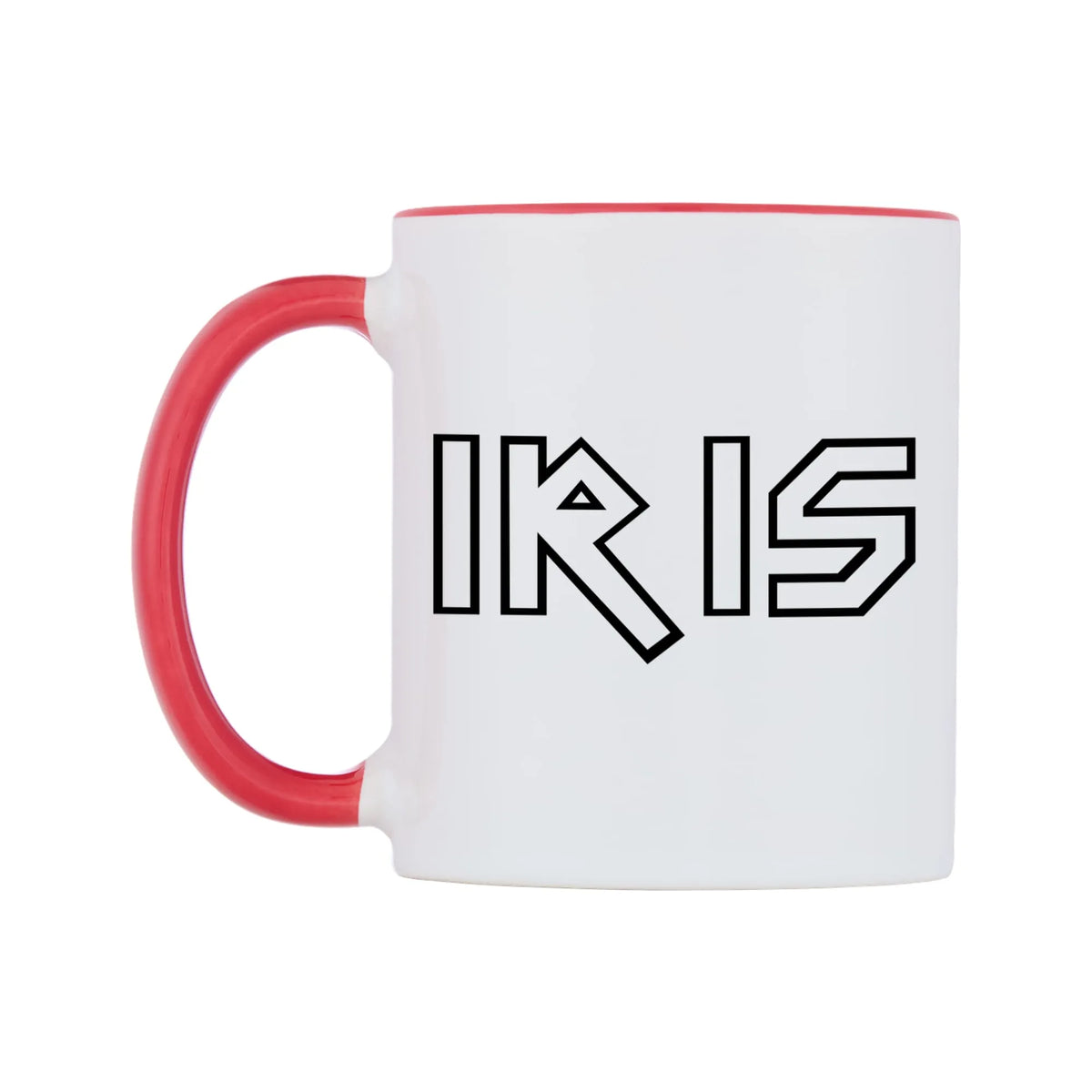 Iris - Iron Maiden Themed Mug — white 11oz gloss mug with a red inside and handle, right side, on a white background