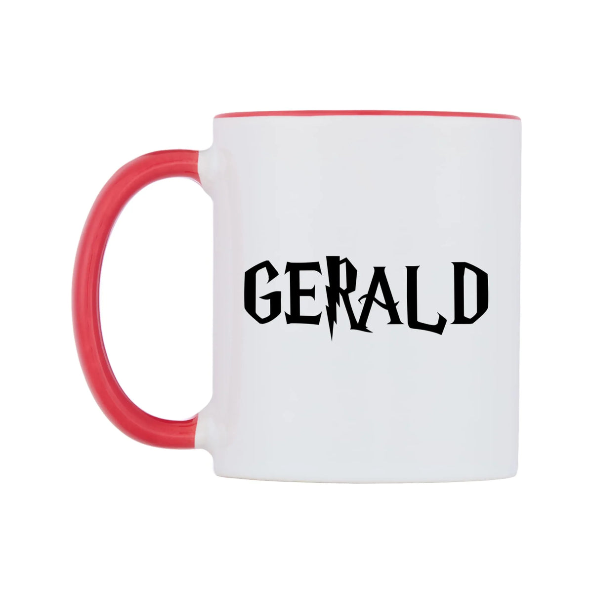 Gerald - Wizard Themed Mug — white 11oz gloss mug with a red inside and handle, right side, on a white background