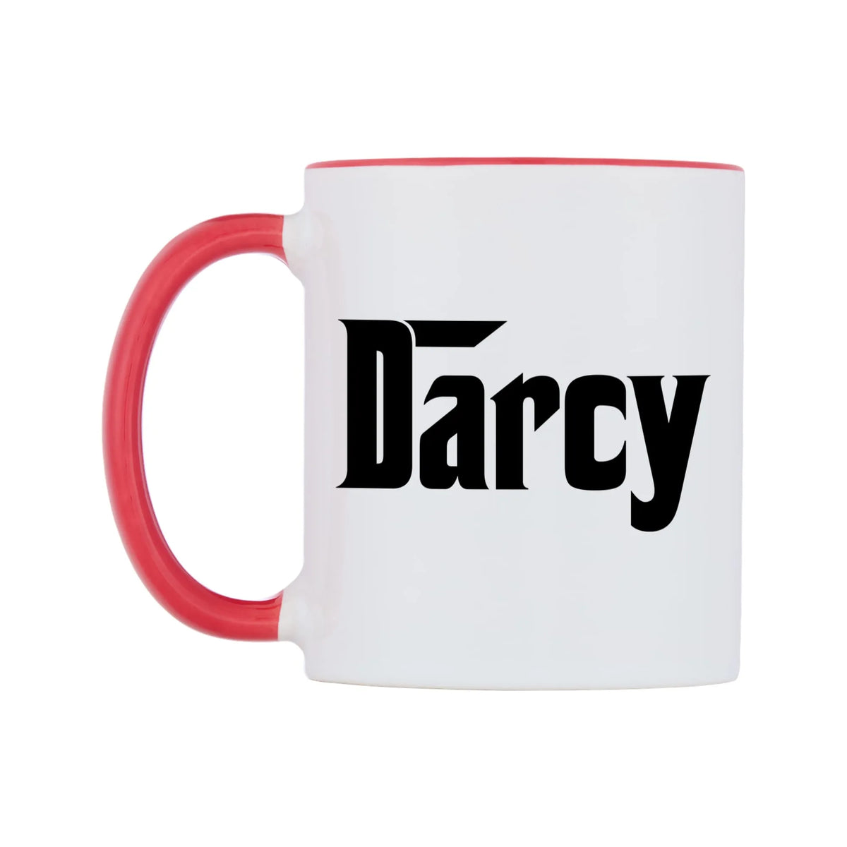 Darcy - Godfather Themed Mug — white 11oz gloss mug with a red inside and handle, right side, on a white background