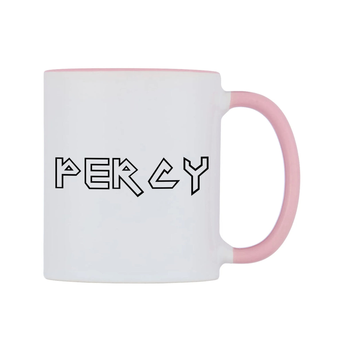 Percy - Iron Maiden Themed Mug — white 11oz gloss mug with a pink inside and handle, left side, on a white background
