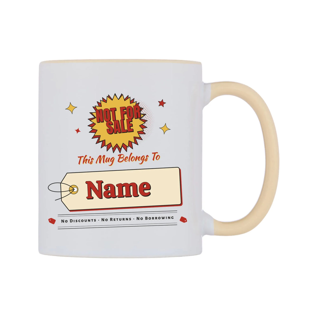 Not For Sale Swing Tag Mug — white 11oz gloss mug with a beige inside and handle, on a white background