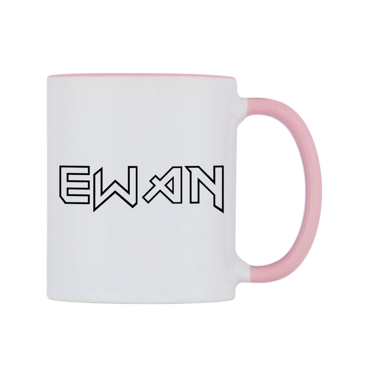 Ewan - Iron Maiden Themed Mug — white 11oz gloss mug with a pink inside and handle, left side, on a white background