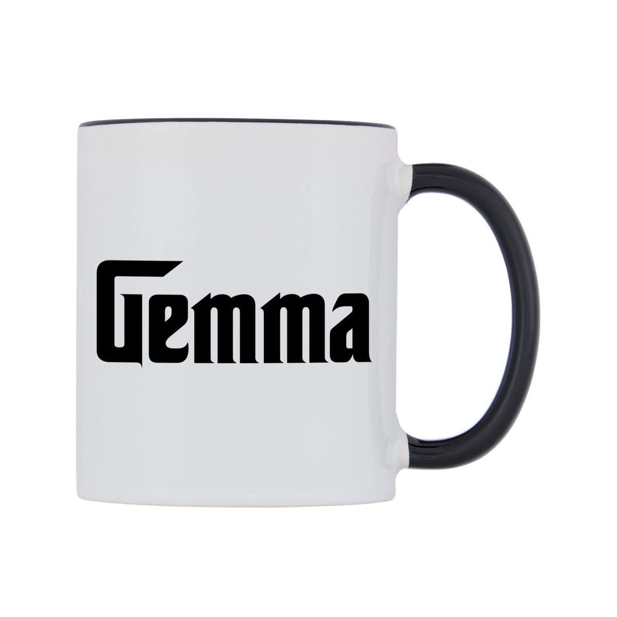 Gemma - Godfather Themed Mug — white 11oz gloss mug with a black inside and handle, left side, on a white background
