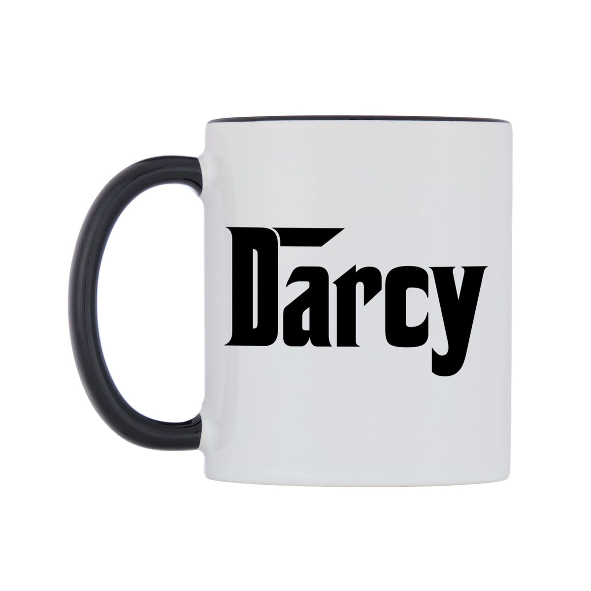 Darcy - Godfather Themed Mug — white 11oz gloss mug with a black inside and handle, right side, on a white background