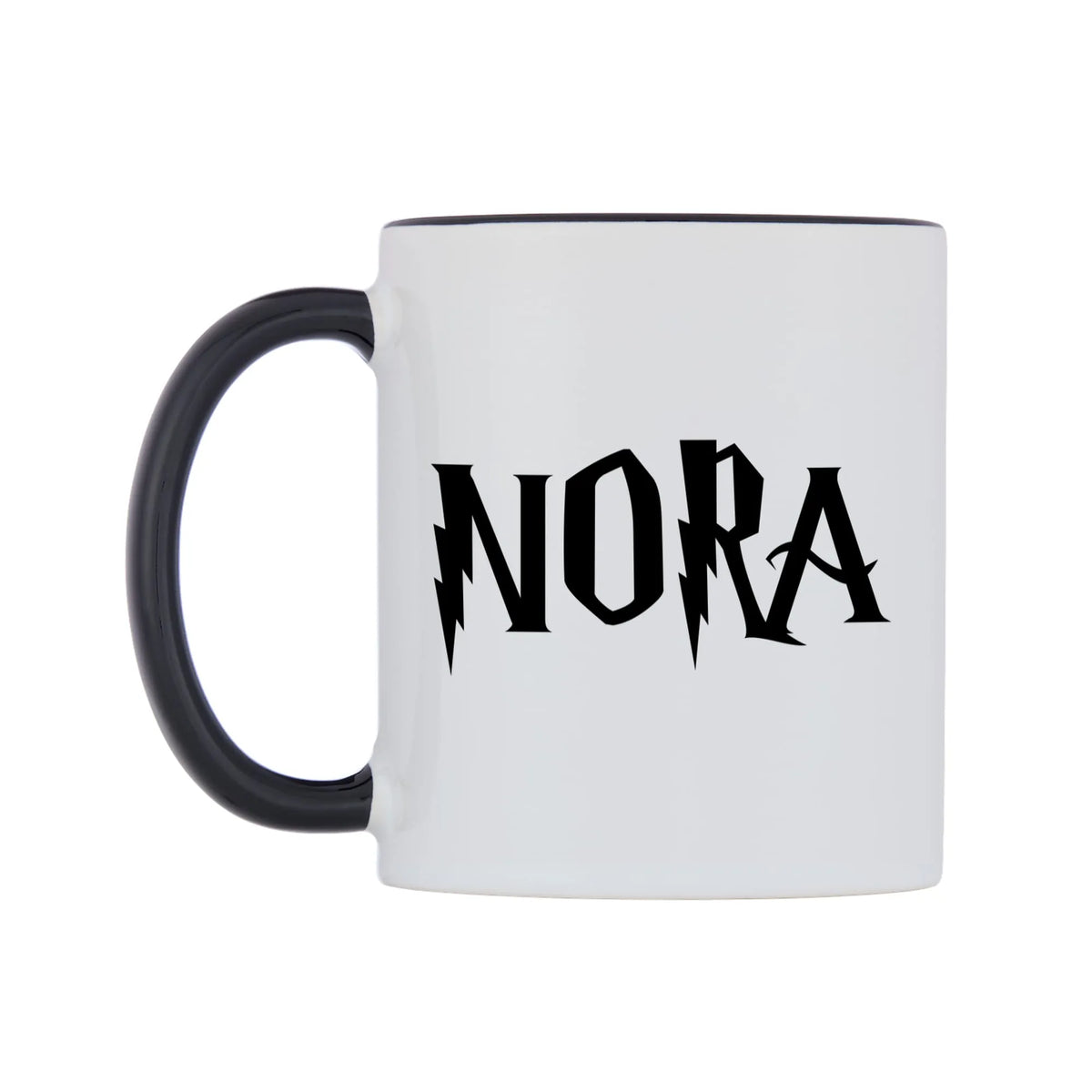 Nora - Wizard Themed Mug — white 11oz gloss mug with a black inside and handle, right side, on a white background