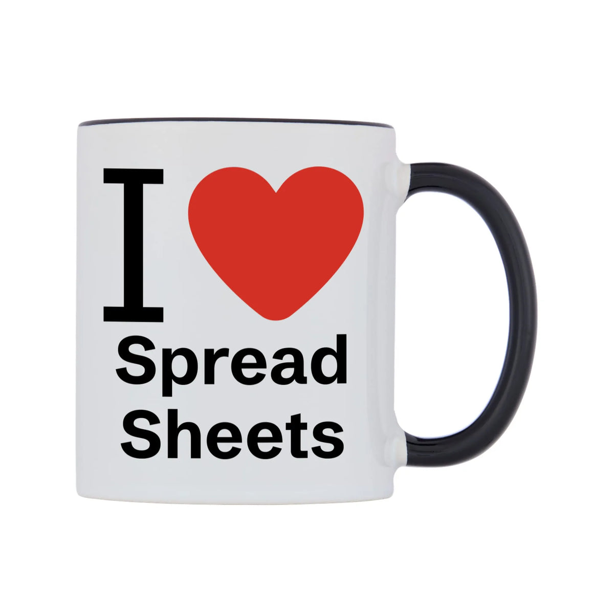 I Love Spread Sheets Mug — white 11oz gloss mug with a black inside and handle, left side, on a white background