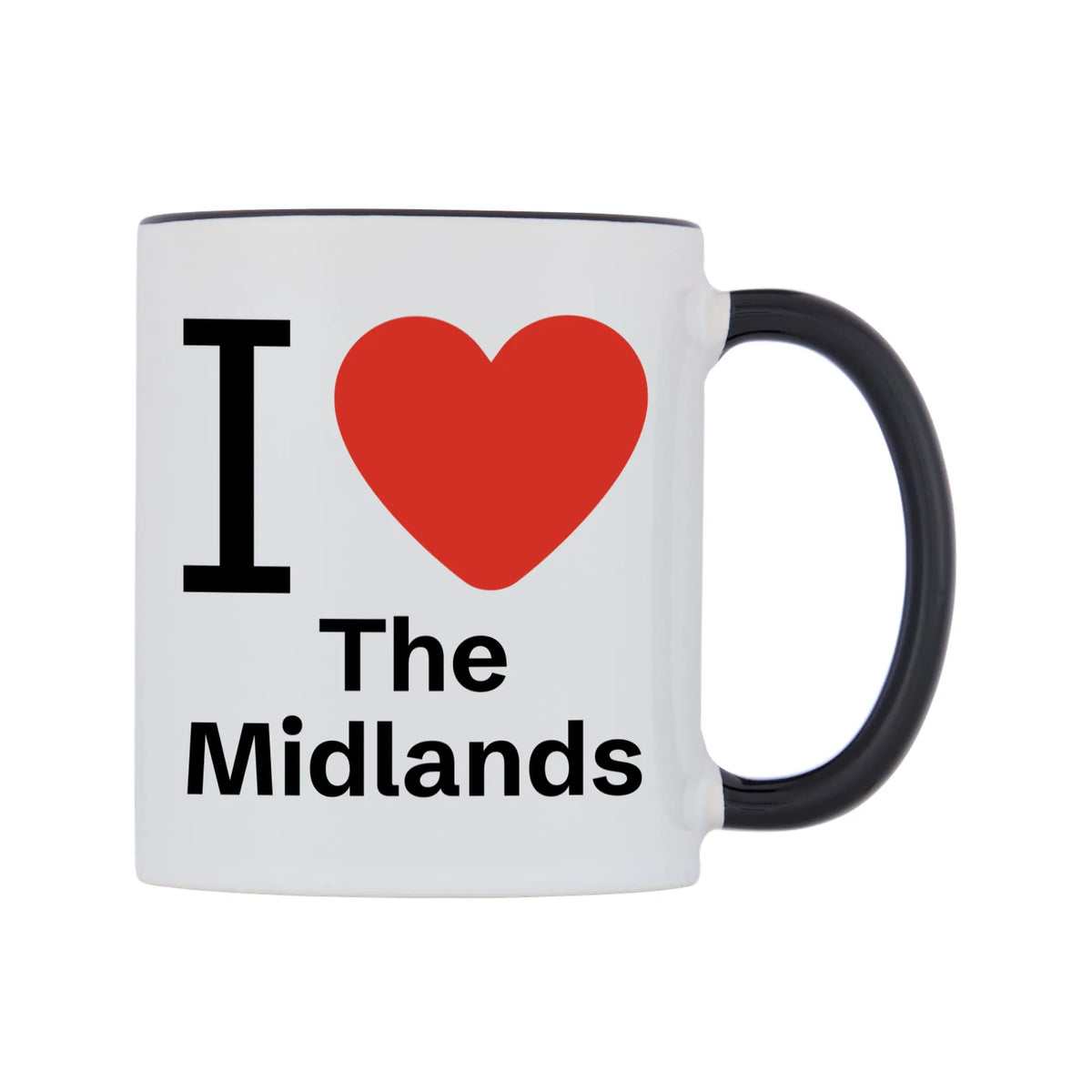 I Love The Midlands Mug — white 11oz gloss mug with a black inside and handle, left side, on a white background