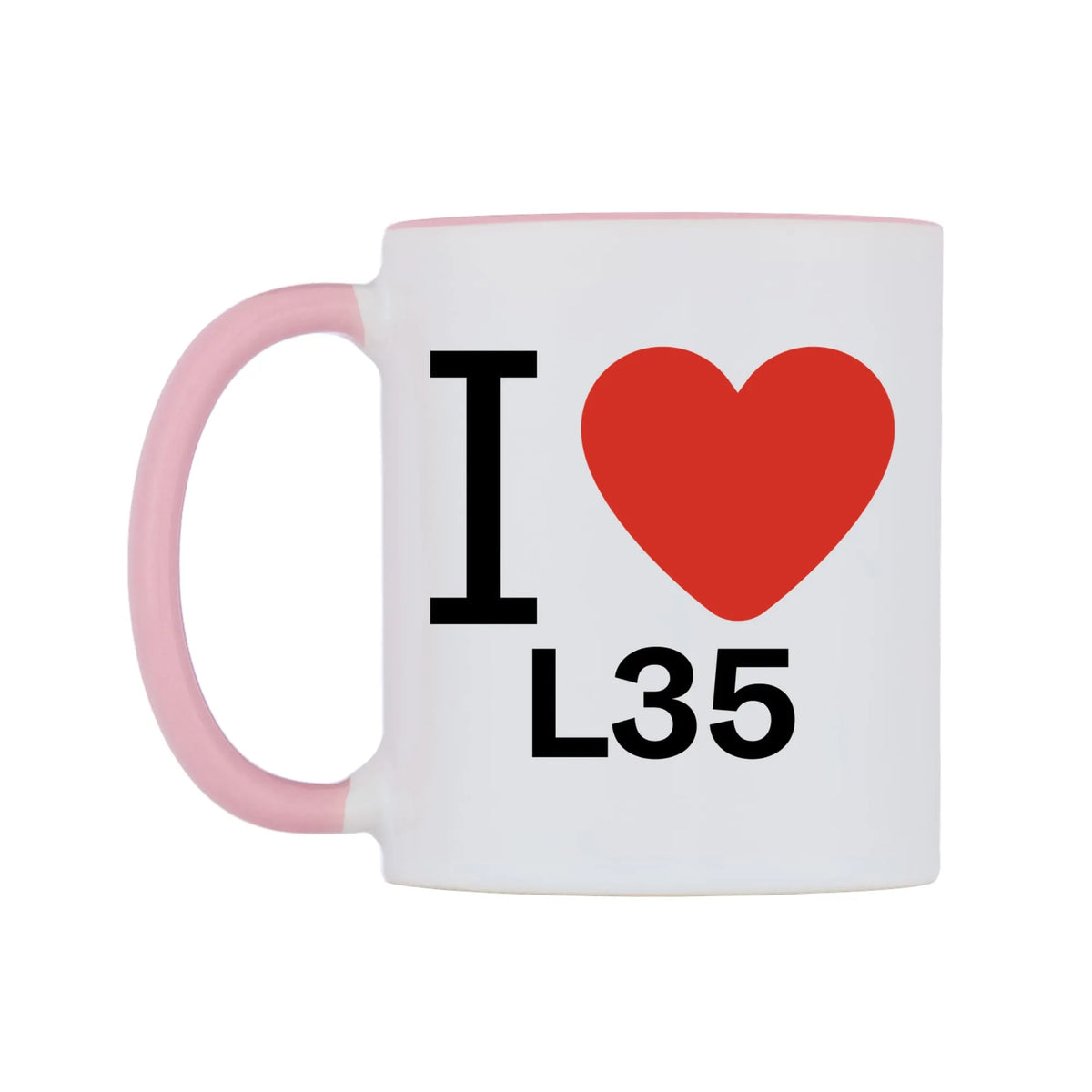 I Love L35 Mug — white 11oz gloss mug with a pink inside and handle, right side, on a white background