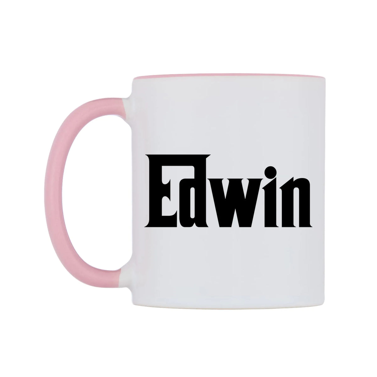 Edwin - Godfather Themed Mug — white 11oz gloss mug with a pink inside and handle, right side, on a white background