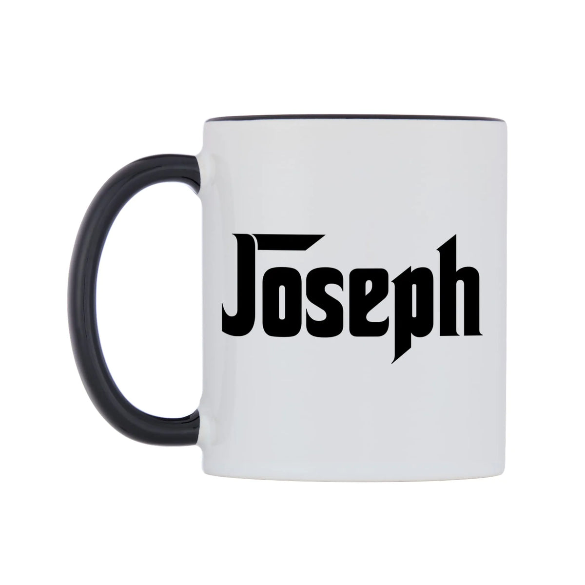 Joseph - Godfather Themed Mug — white 11oz gloss mug with a black inside and handle, right side, on a white background