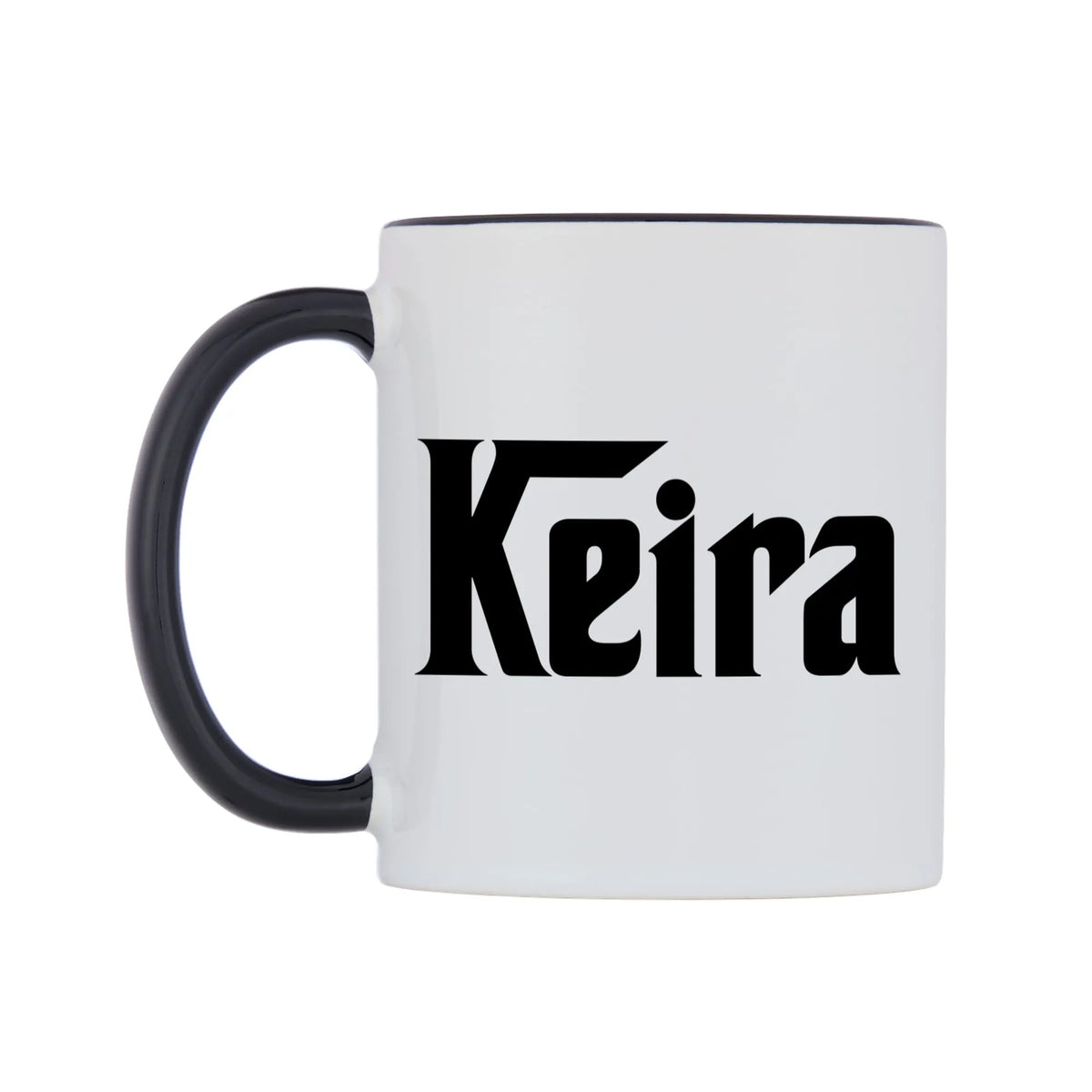 Keira - Godfather Themed Mug — white 11oz gloss mug with a black inside and handle, right side, on a white background