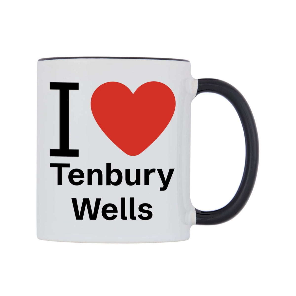 I Love Tenbury Wells Mug — white 11oz gloss mug with a black inside and handle, left side, on a white background