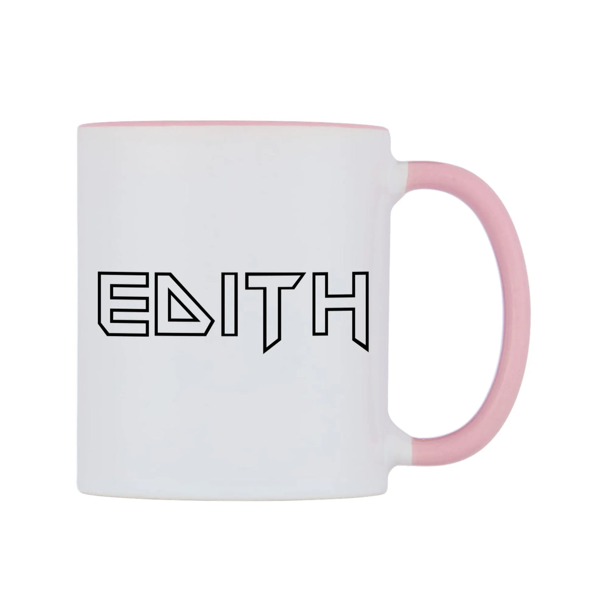 Edith - Iron Maiden Themed Mug — white 11oz gloss mug with a pink inside and handle, left side, on a white background
