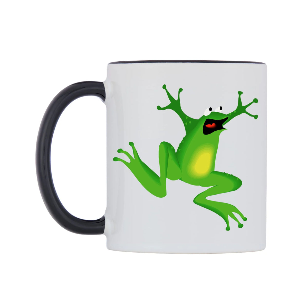 Dancing Frog Mug — white 11oz gloss mug with a black inside and handle, right side, on a white background