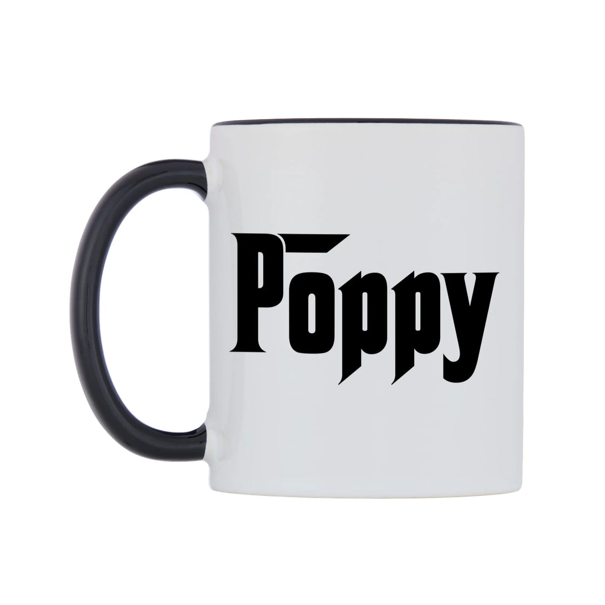 Poppy - Godfather Themed Mug — white 11oz gloss mug with a black inside and handle, right side, on a white background