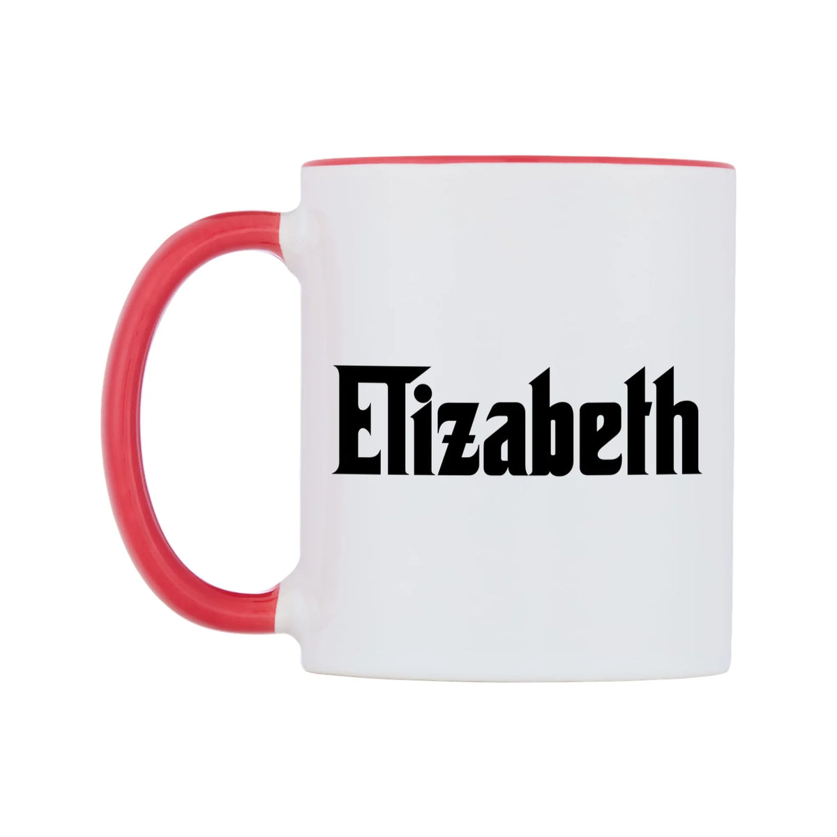 Elizabeth - Godfather Themed Mug — white 11oz gloss mug with a red inside and handle, right side, on a white background