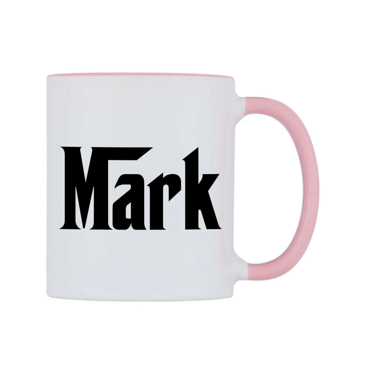 Mark - Godfather Themed Mug — white 11oz gloss mug with a pink inside and handle, left side, on a white background