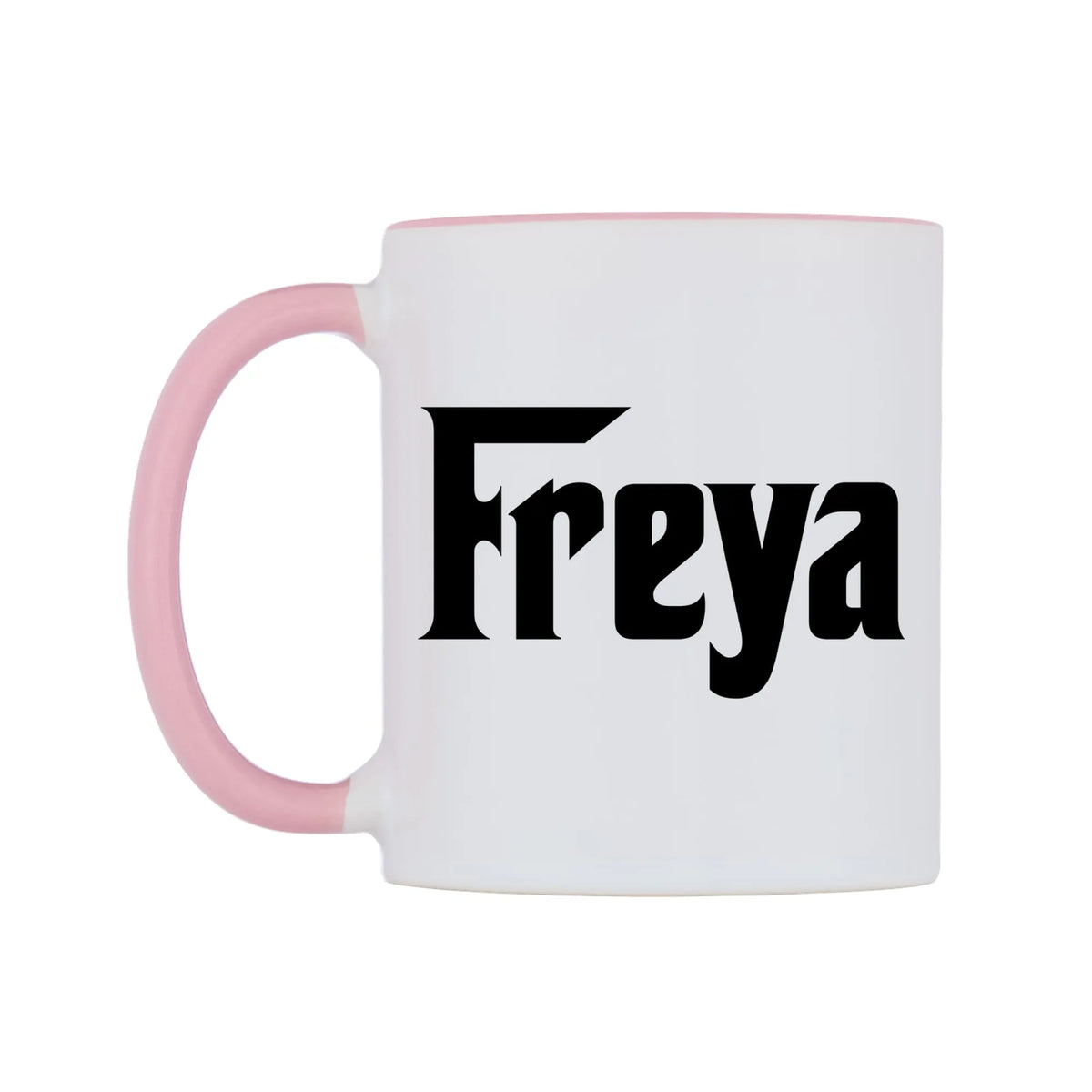 Freya - Godfather Themed Mug — white 11oz gloss mug with a pink inside and handle, right side, on a white background