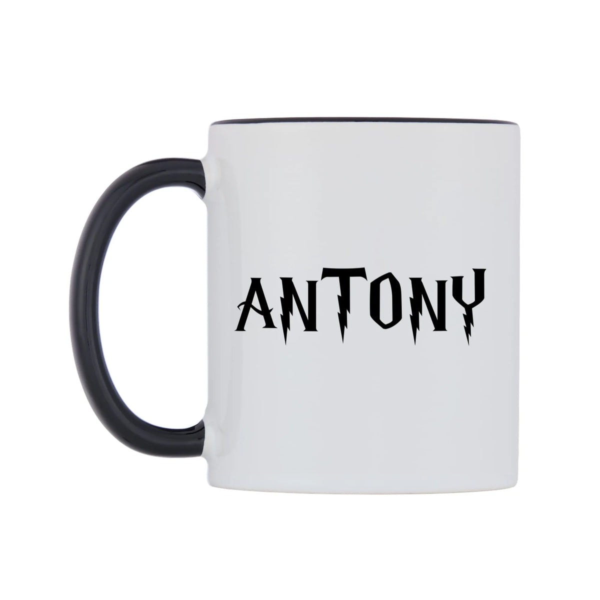 Antony - Wizard Themed Mug — white 11oz gloss mug with a black inside and handle, right side, on a white background